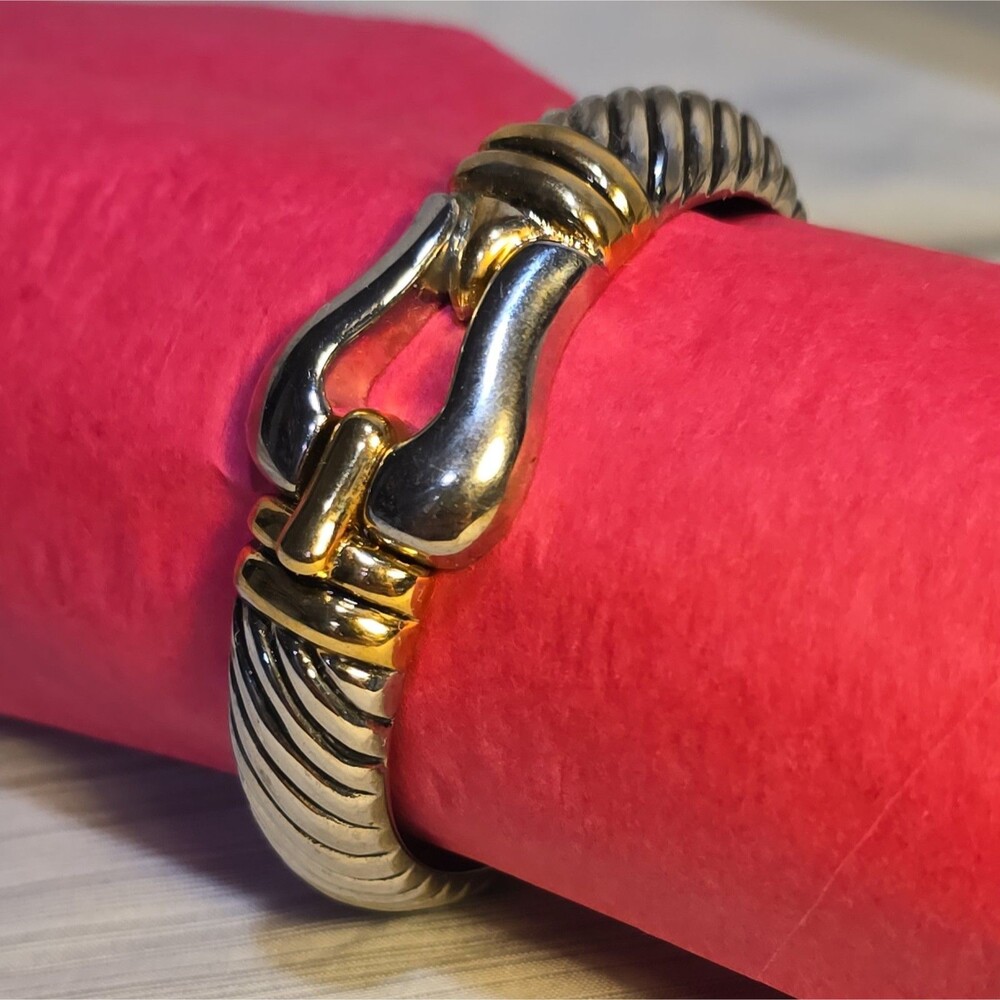 Stately Two-Tone Textured Belt Buckle Hinged Bangle Bracelet